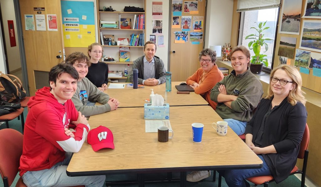 Students practice Russian with a guest speaker.